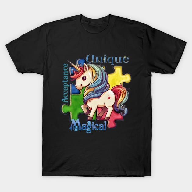 Autism Awareness Kawaii Unicorn and Puzzle Pieces T-Shirt by mythikcreationz